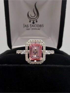 Jas Jacobs Emerald Cut Pink Topaz Ring Halo & Baguette Carnation Jewelry Gift